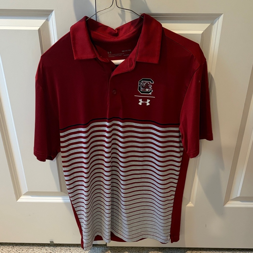 South Carolina Gamecocks Under Armour Men's Maroon and White Striped Polo Shirt